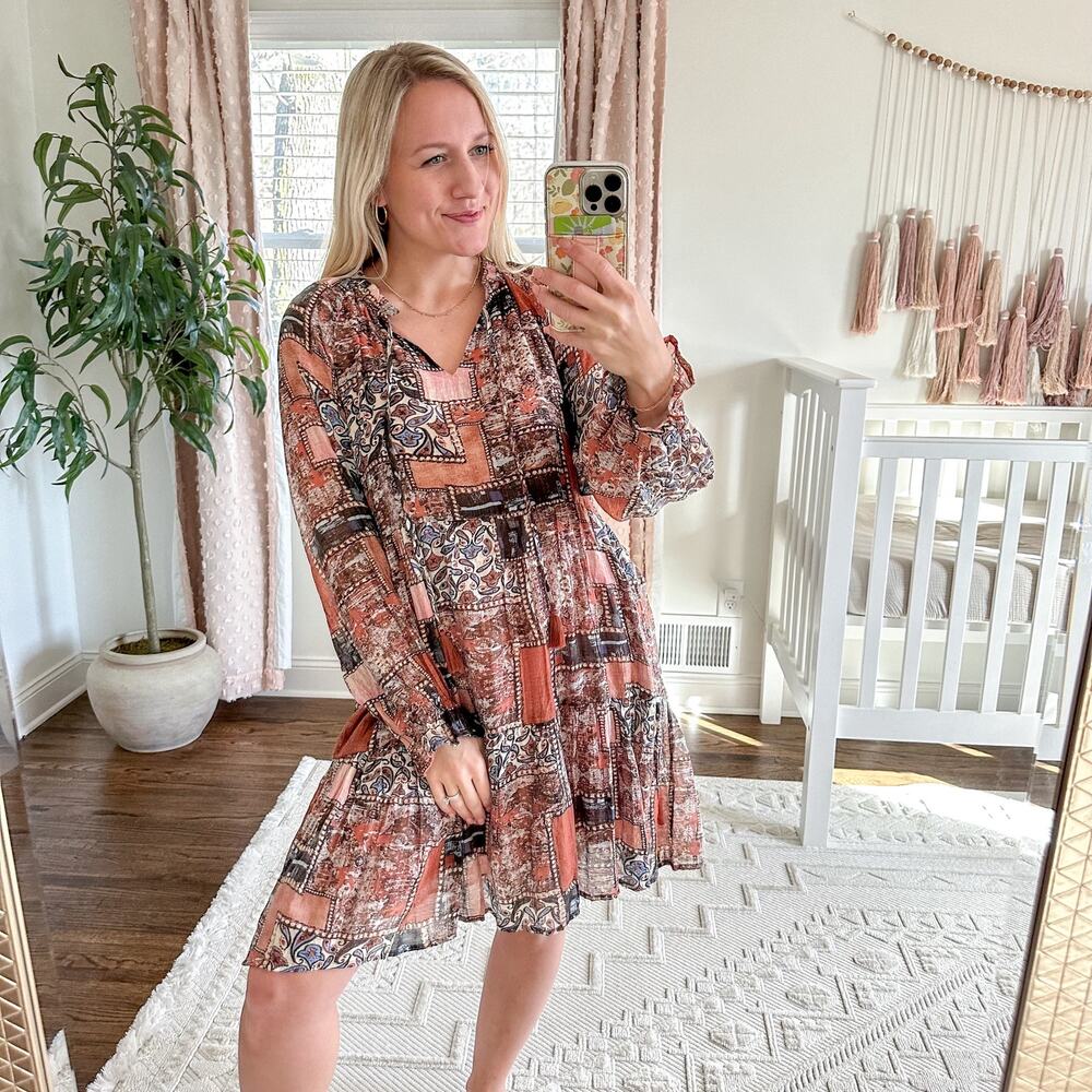 Hayden Paisley Patchwork Ruffle Neck Chiffon Tunic Dress